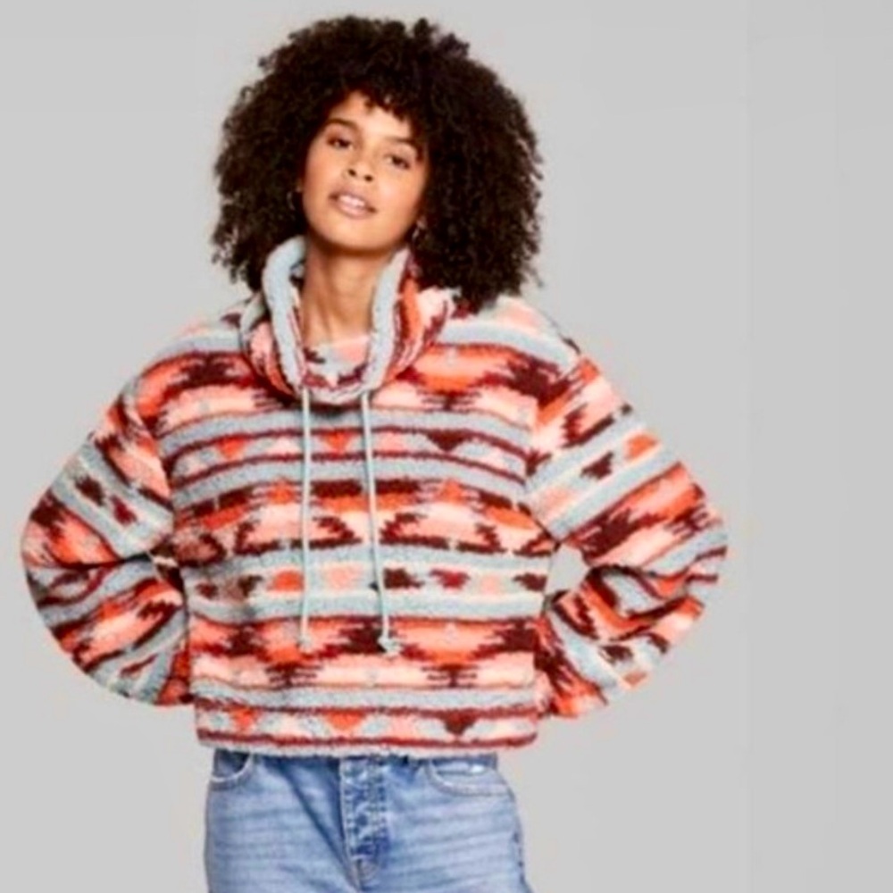 WILD FABLE Cropped Cowl Neck Southwestern Sherpa Sweatshirt Pullover Jacket